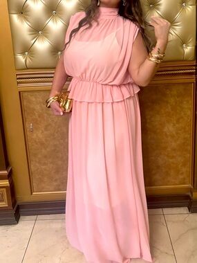 Fashion Nova Elegant Pink High-Neck Ruffle Waist Maxi Dress